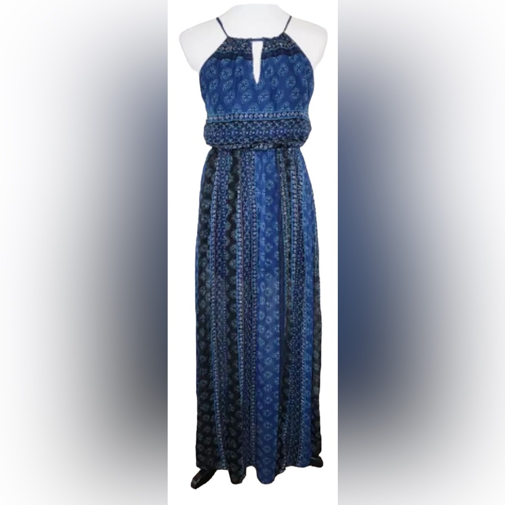 EUC-Hollister Women's Blue Chiffon Halter Open Back Criss
Cross Maxi Dress-small